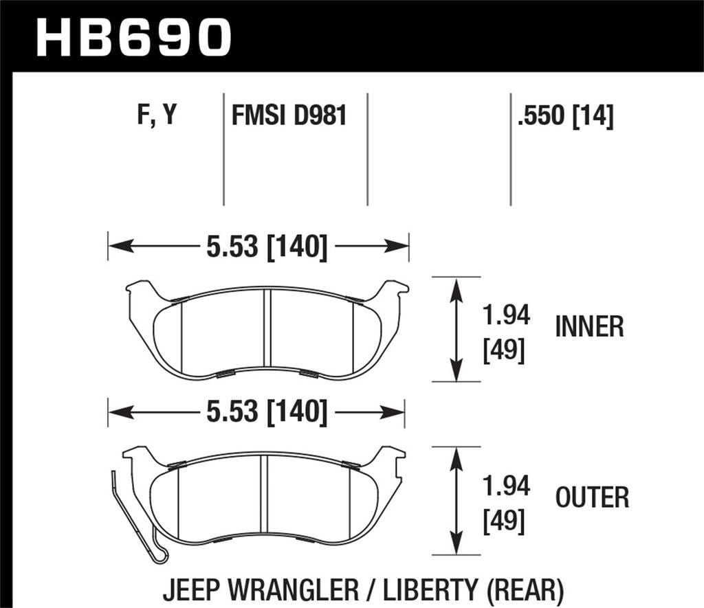 Hawk, Hawk HPS Brake Pads Jeep Wrangler (2003-2006) Rear Set HB690F.550